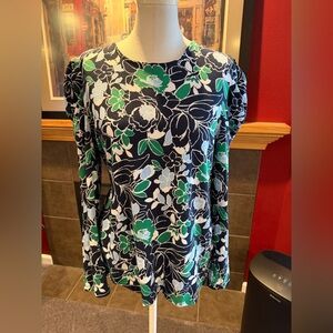 Charter Club Navy and Green Floral Long Sleeve Top